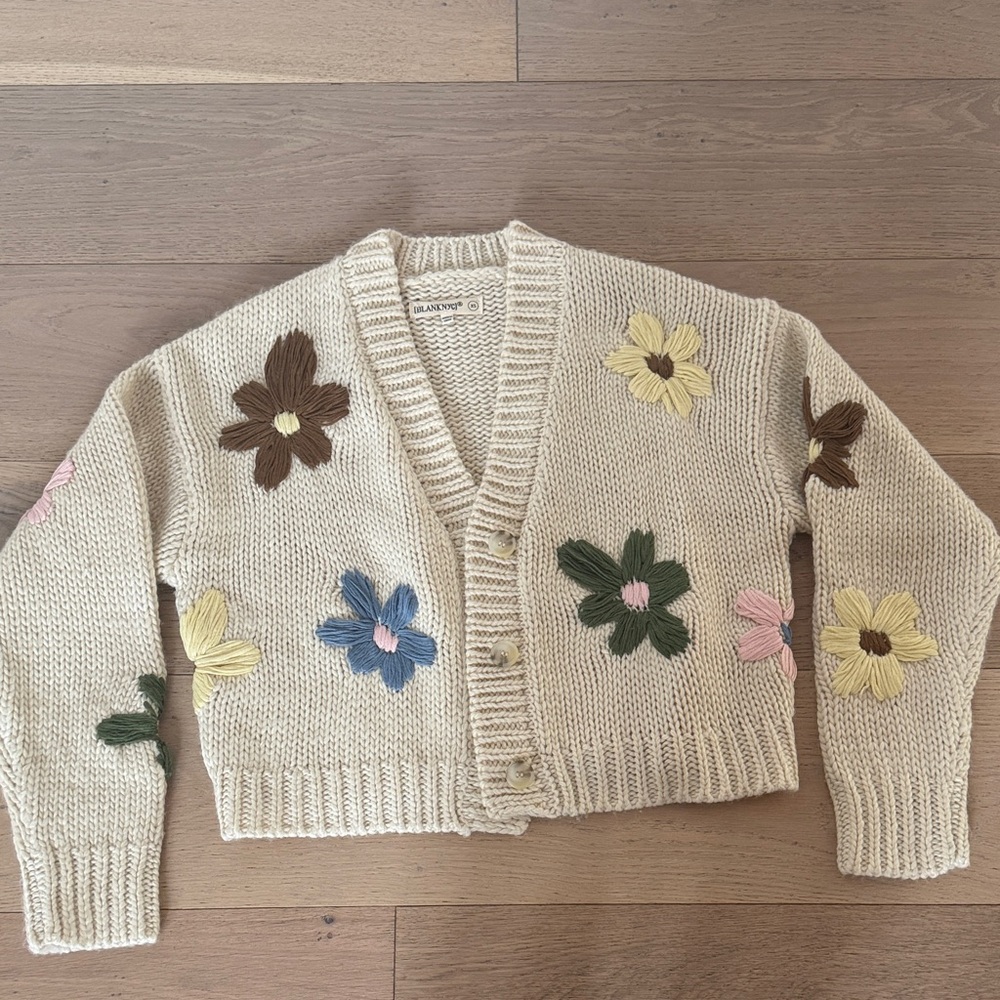 Blank NYC Cream Cardigan with Multicolor Floral Embroidery
